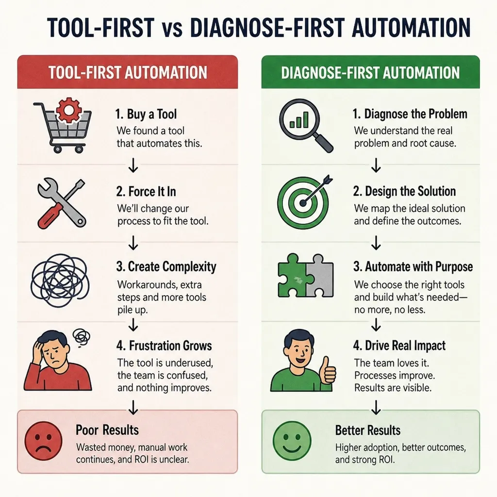 Infographic comparing tool-first automation (buy a tool, force it in, create complexity, frustration grows, poor results) with diagnose-first automation (diagnose the problem, design the solution, automate with purpose, drive real impact, better results)